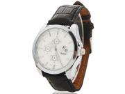 False Three Eyes Needle Scale Calendar Round White Dial Female Watch with Imitated Leather Watch Band Black