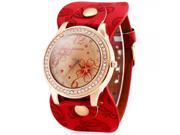 Rhinestoned Round Dial Imitated Leather Band Woman Wrist Watch Red