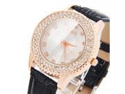 Caiqi Graceful Double Row Rhinestone Gear Watchcase Women’s Wrist Watch with Imitation Leather Watchband Black