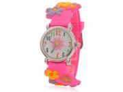 Waterproof Flower Pattern Round Dial Quartz Children Wrist Watch with Silicone Watchband Pink
