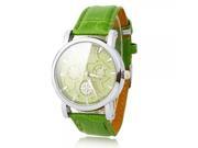 Women Ladies Three Small Dials Leather Band Diamond Dots Pattern Quartz Wrist Watch Green