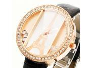 Fashion Eiffel Tower Pattern Alloy Rhinestone Watchcase Women’s Watch with Imitation Leather Watchband Black