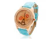 Unisex Tower Lips Pattern Brown Dial Rhinestone Alloy Watch Case Wrist Watch with Artificial Leather Watchband Blue