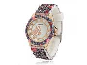 Stylish Roman Numerals Alloy Case Female Watch with Silicone Red Lip Pattern Watchband White Pink Flower