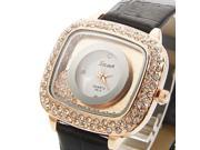 Fashion 2 Row Rhinestone Powder Square Women Quartz Wrist Watch with Imitation Leather Watchband Black