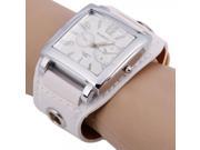 Fashion Men Women WOMAGE 9284 Square Stainless Steel Dial Two Artificial Eyes Leather Band Quartz Wrist Watch White