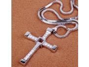 Stylish and Cool Cross Design Pendant Alloy and Rhinestone Men s Necklace Silver
