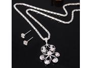Hollowed out Flower Shape Rhinestones Pendant Necklace Stud Earrings Women Jewelry Set Silver