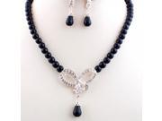 Irregular Rhinestones Hollowed out Bowknot Pendant Imitation Pearls Necklace Earrings Women s Jewelry Set Black