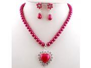 Colorful Imitation Pearls Rhinestones Heart Shape Pendant Necklace Earrings Women Jewelry Set Red