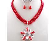 Stylish Two row Imitation Pearls Chain Rhinestones Necklace Earrings Women s Jewelry Set Silver Red