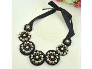 N1665 Satin Ribbon Flower Pendant with Sparkling Rhinestone Woman Necklace