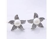High grade Five leaf Flower Style Full Rhinestones Pearls Alloy Needle Stud Earrings Silver White