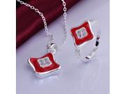 S725 C Silver Plating Rhinestone Square Oil Drop Design Female Necklace Ring Women s Jewelry Set Red Silver