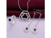 Silver Plating Rhinestone Three layer Flower Design Female Necklace Earrings Ring Women s Jewelry Set Blue Silver