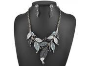 Fashion All match Irregular Leaf V shape with Rhinestones Necklace Earrings Set Gray