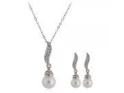 Fashionable Alloy Leaf Shape Rhinestones Pearl Pendant Necklace Earrings Women s Jewelry Set Silver