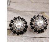 2pcs Graceful Chrysanthemum Shape Rhinestone Bead Alloy Women Stud Earrings Black