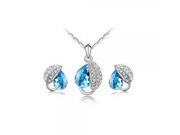 Acacia Leaf Shape Pendant with Rhinestones Crystal Women s Necklace Earrings Set Blue