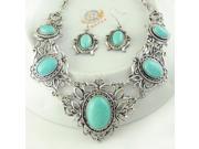 Bohemia Style Oval Pattern Alloy and Turquoise Female Necklace Earrings Women s Jewelry Set Silver