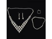 Simple Rhinestone V shaped Necklace Stud Earrings Bracelet Ring Bridal Jewelry Set Silver