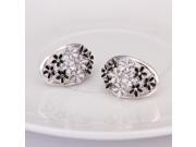 Tin Alloy Platinum plated Rhinestone Embedded Oval Flower Shape Earrings White