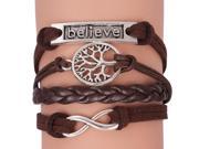 Retro Style Leather Rope Multi Layer Woven Bracelet with Tree 8 believe Pendents Coffee