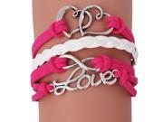 Retro Style Leather Rope Multi Layer Woven Bracelet with Heart to Heart 8 love Pendants Rose Red