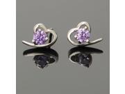 Fashion Stylish Heart shaped 925 Silver Stud Earrings with Purple Rhinestone Silver