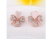 2pcs 18K Trendy Four leaf Clover Shape Rhinestone Tin Alloy Stud Earrings Rose Golden