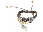Bohemia Pattern Woven Leather Band Bracelet with Wood Beads Coffee