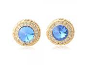 Beautiful Round Three Circles Rhinestones and Blue Jewel Stud Earrings Golden Blue