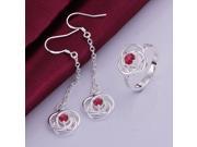 Silver Plating Rhinestone Three layer Flower Design Female Earrings Ring Women s Jewelry Set Red Silver