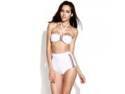 RELLECIGA Colored Strip High waisted Women Two piece Bikini Swimsuit Swimwear Suit White S