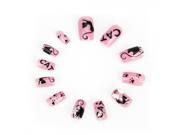24pcs Hand painted False Nails Pink With Black Cats Bowknot Rhinestones J 1019