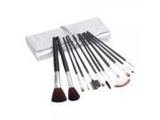 12pcs Wooden Long Handle Cosmetic Makeup Brush Set with PU Leather Pouch Silver