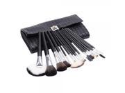 18pcs Wooden Handle Cosmetic Makeup Brush Set with Braided Grain PU Leather Pouch Black