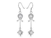 Fashionable Zircon Encrusted Silver Plated Musical Note Pendant Dangle Earrings Size 4.7cm x 0.8cm White