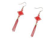Chinese Knot Style Ethnic Lucky Chinese Red Rhinestones Mascot Tassel Dangle Hook Earrings
