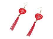 Ethnic Lucky Chinese Red Rhinestones Mascot Tassel Dangle Hook Earrings with Dual Happiness