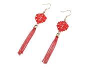 Ethnic Lucky Chinese Red Rhinestones Mascot Tassel Dangle Hook Earrings with Dual Happiness