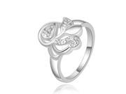 Fashionable Zircon Encrusted Silver Plated Leaf Pattern Finger Ring for Women Size 8