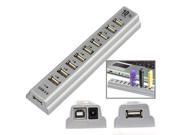 10 Port USB 2.0 Hi Speed Multi Hub Expansion with Power Adaptor for PC Laptop Silver