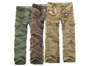 Mens Military Outdoor Loose Large Size Cotton Multi pockets Cargo Pants Khaki 30