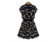 Vintage Women Batwing Sleeve Elastic Waist Floral Dresses Black L