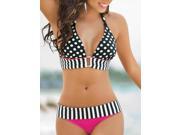 Sexy Swimsuit Halter Polka Dot Strap Spliced Bikini Set Black M