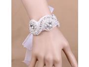 Bridal White Rhinestone Ribbon Crystal Wristlet Wedding Hand Chain Jewelry Bracelet