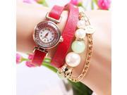 Casual Women Pearl Necklace PU Leather Band Bracelet Watch Brown