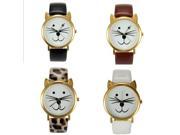 Casual Smile Cat Face Gold Color Case PU Leather Band Unisex Quartz Watch Coffee