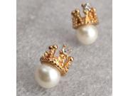 Elegant Gold Rhinestone Crown Pearl Stud Earrings For Women